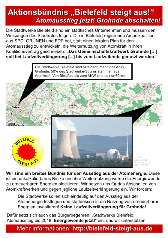Das Aktionsbuendnis Bielefeld steigt aus will den Atomausstieg der Bielefelder Stadtwerke, die am AKW Grohnde beteiligt sind.